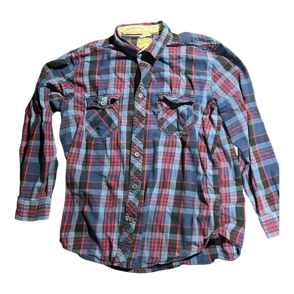 Plaid Button-Up Shirt in Blue and Red-men’s XL